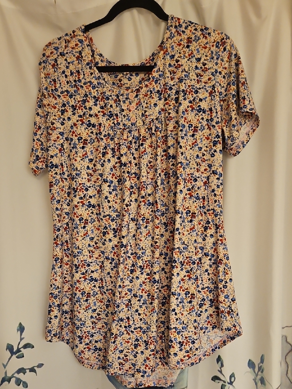 Amazon Floral Pleated Short Sleeve Tunic in Blue, Red, Cream New